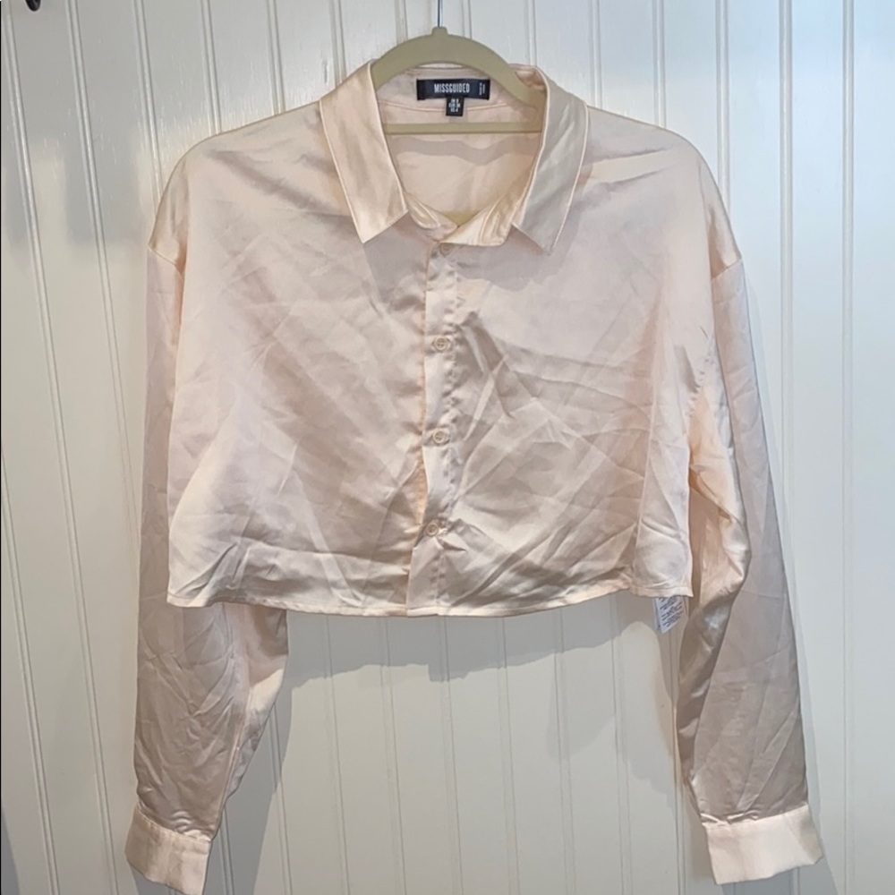 Pink Silk Crop Button Up